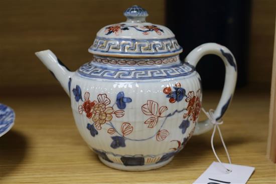 18th century Chinese porcelain: a blue and white plate, a bowl and an Imari teapot and cover